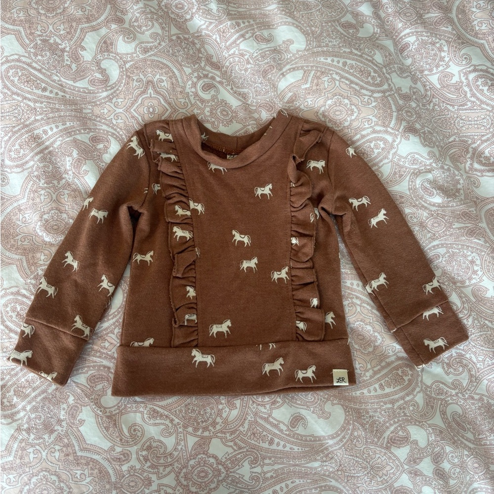 Lulu and Roo (Little Road Co) Camel Pony Print Horse Ruffle Sweatshirt Like New